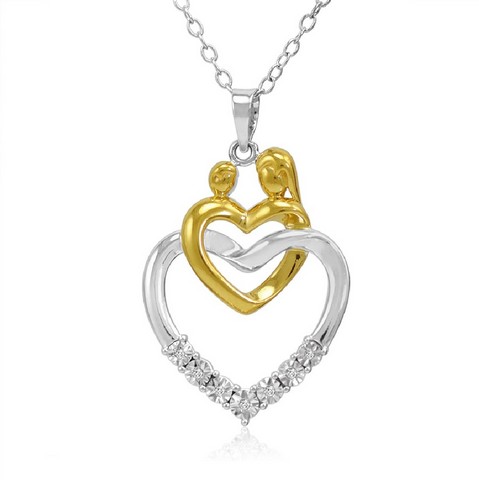 O Tone Sterling Silver Mother & Child Diamond Heart Pendant - Necklace