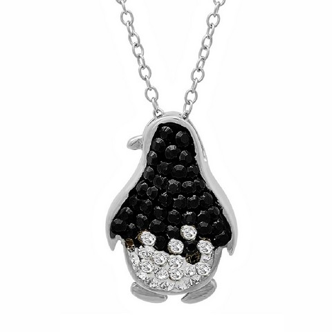 Black & White Crystal Penguin Pendant - Necklace With Swarovski Elements