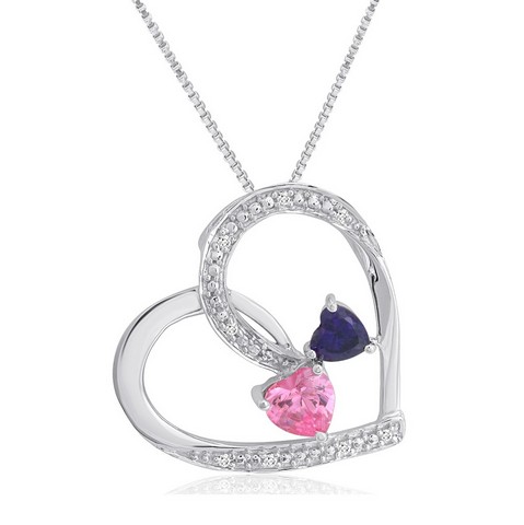 Pink Sapphire, Amethyst & Diamond Double Heart Necklace In Sterling Silver