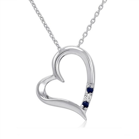 3 Stone Sapphire & Diamond Heart Necklace In Sterling Silver
