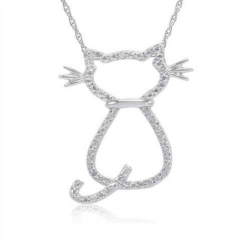 Diamond Accent Cat Pendant - Necklace In Sterling Silver