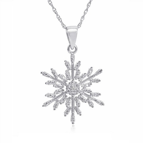 Diamond Accent Snowflake Pendant - Necklace In Sterling Silver