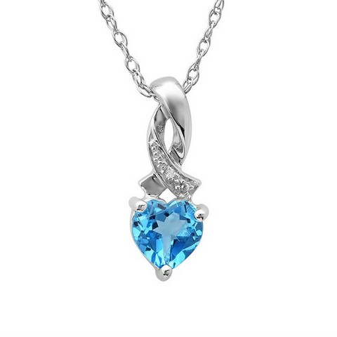 Heart Shape Swis & Blue Topaz & Diamond Pendant In Sterling Silver, 1 Ct
