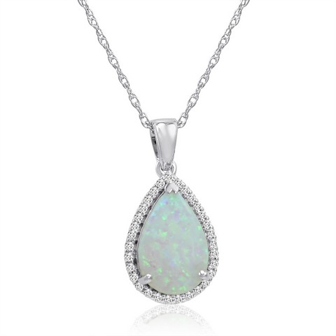 Pear Shape Created Opal & White Sapphire Pendant - Necklace In Sterling Silver