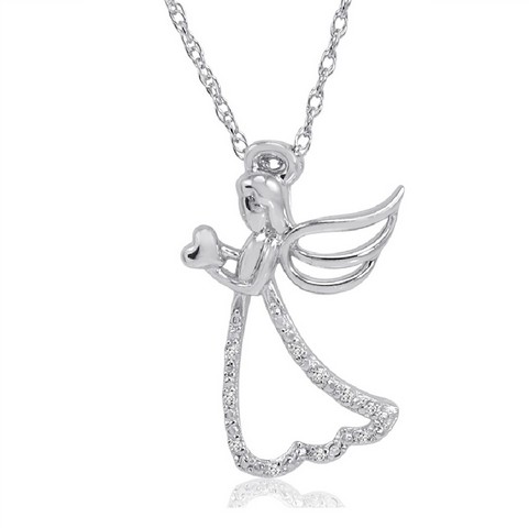 Sterling Silver Diamond Angel With Heart Pendant - Necklace