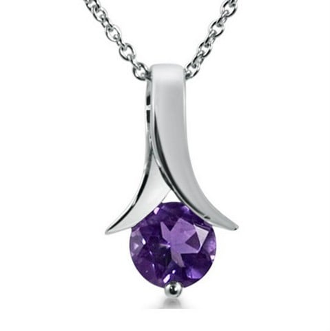 Round Amethyst Solitaire Pendant - Necklace In Sterling Silver .70 Ct 18 In. Chain