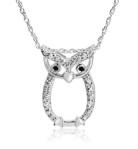 Sterling Silver Owl Pendant With Black & White Diamond
