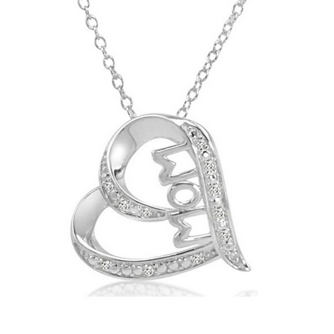 Mom Heart Diamond Pendant - Necklace In Sterling Silver