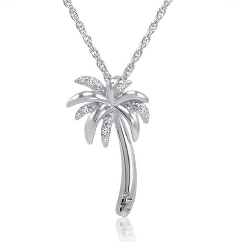 Sterling Silver Diamond Palm Tree Pendant - Necklace