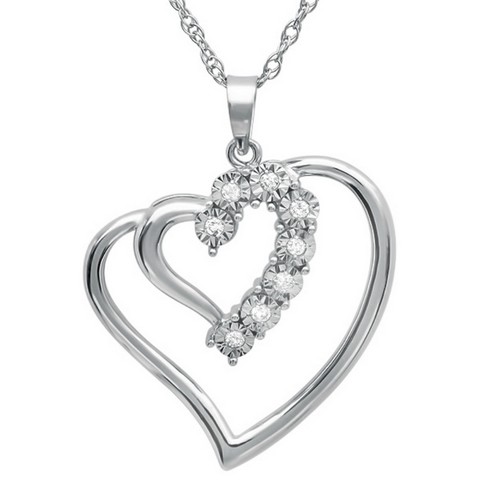 Sterling Silver Journey Diamond Double Heart Pendant .10 Ct On An 18 In. Chain