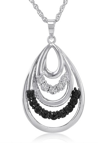 Black & White Tear Drop Pendant - Necklace In Sterling Silver
