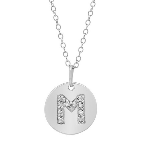 Sterling Silver Diamond Initial M Disc Pendant - Necklace
