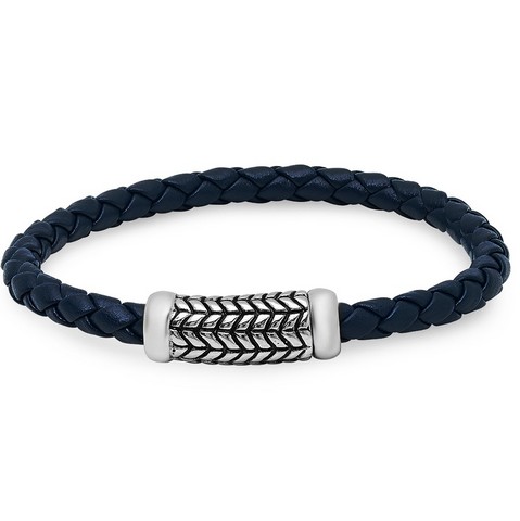 Braided Navy Leather Bracelet With Stainless Steel Clasp, 8.75 In.