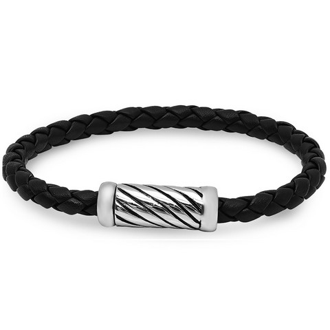 Braided Black Leather Bracelet With Magnetic Stainless Steel Clasp, 8.5 In.