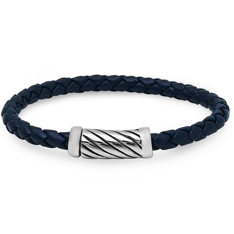 Braided Navy Leather Bracelet With Magnetic Stainless Steel Clasp, 8.75 In.