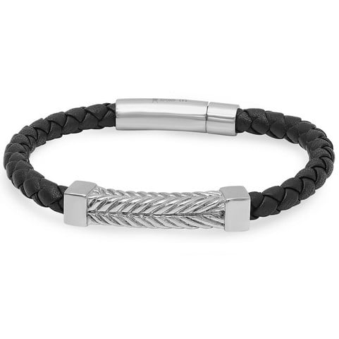 Braided Black Leather Fashion Bracelet With Locking Stainless Steel Clasp, 8.5 In.