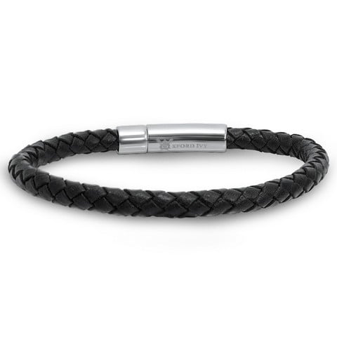 Black Leather & Stainless Steel Bracelet 8.5 In. With Locking Clasp