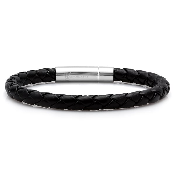 Mens Braided Black Leather & Stainless Steel Bracelet, 8.5 In.