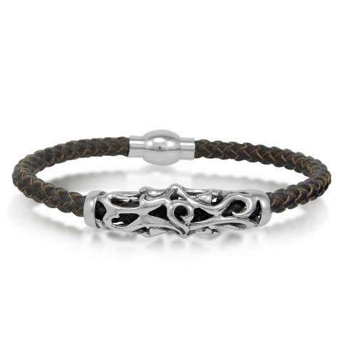 Braided Brown Leather Mens Bracelet 5 Mm 8.5 In. With Magnetic Steel Clasp