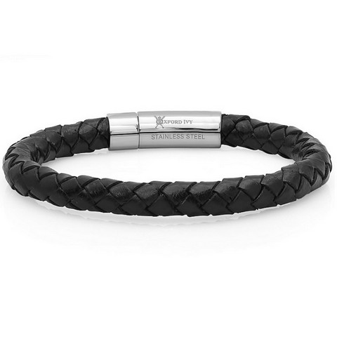 Braided Black Leather Braclelet With Locking Stainless Steel Clasp 8.5 In.