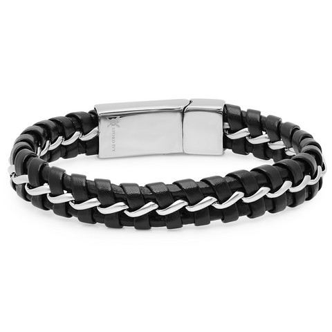 Mens Faux Leather & Stainless Steel Bracelet