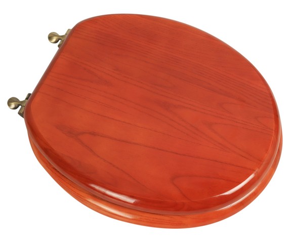 5f1r2-15ab Designer Solid Round Oak Wood Toilet Seat With Antique Brass Hinges, American Cherry