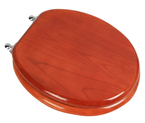5f1r2-15ch Designer Solid Round Oak Wood Toilet Seat With Chrome Hinges, American Cherry