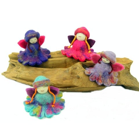 Hand Felted Colorful Flower Fairies, Set Of 4