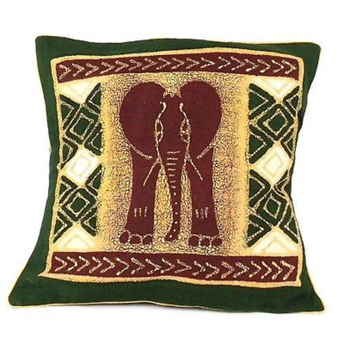 Handmade Elephant Batik Cushion Cover, Green & Maroon