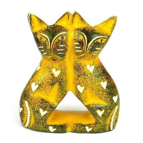 Handcrafted Soapstone Love Cats Sculpture, Yellow - 4 In.