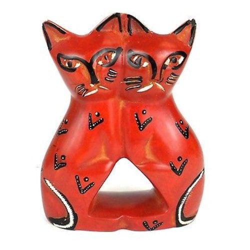Handcrafted Soapstone Love Cats Sculpture, Red - 4 In.