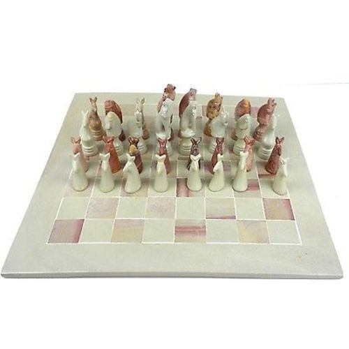 Hand Carved Soapstone Animal Chess Set Board, 15 In.