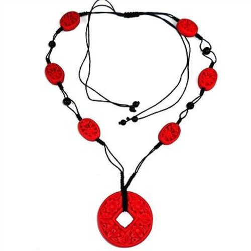 Carved Red Wood Beads On Black Cord Necklace