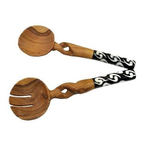 Olive Wood Salad Serving Set With Twisted Handles, 11 In.
