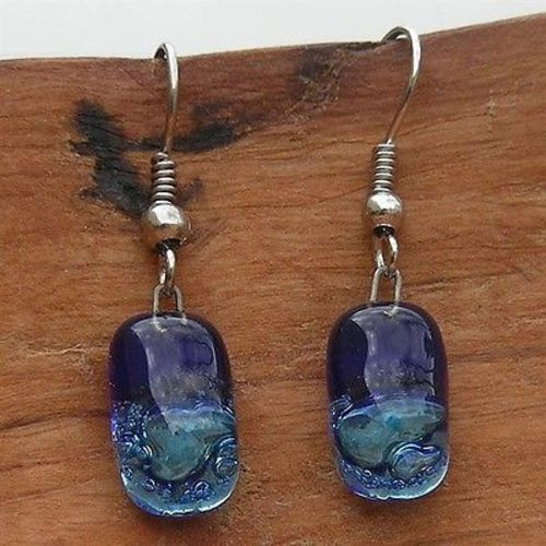 Small Rectangular Glass Earrings - Blue Bubbles