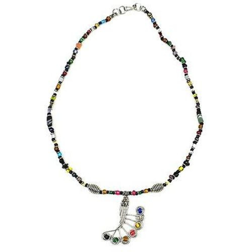 Single Strand Beaded Peacock Feather Necklace, Multicolor