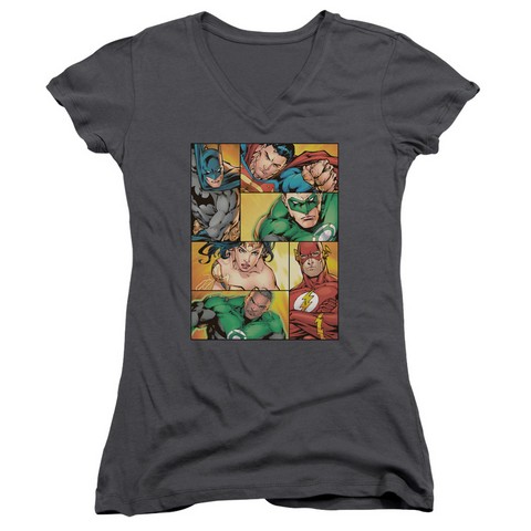 Trevco Jla-Hero Boxes Junior V-Neck Tee Charcoal - XL Trevco Jla-Hero Boxes Junior V-Neck Tee Charcoal - XL
