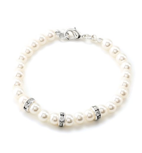 Bridal White Pearl Link Bracelet With Silver Crystal Rhinestone Accent