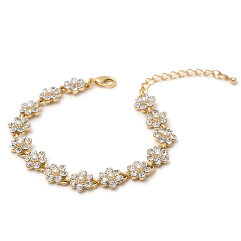 Bridal Gold Crystal Rhinestone Flower White Pearl Link Bracelet