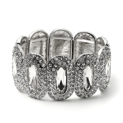 Wedding Jewelry Silver Crystal Long Oval Rhinestone Wrapped 2 Row Stretch Bracelet