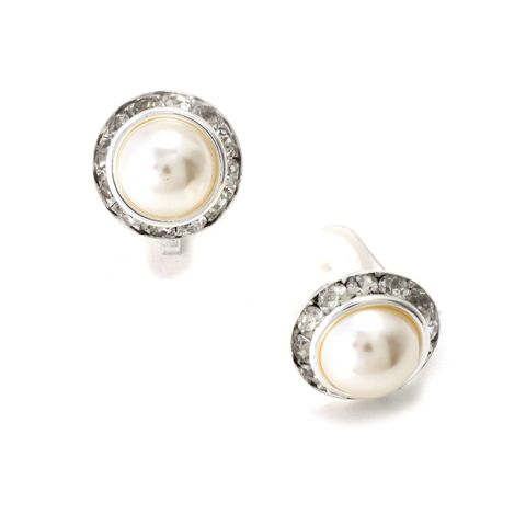 Silver Crystal Rhinestone Rondelle Circle Round Clip Earrings With White Dome Pearl