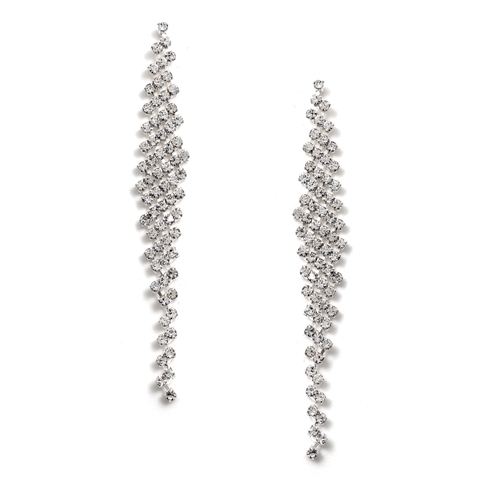 Bridal Silver Crystal Long Slanted Diagonal Rhinestone Dangle Earrings