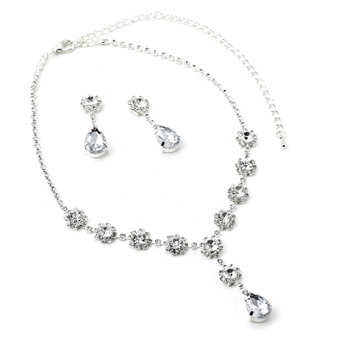 Silver Crystal Teardrop Dangle Earrings & Flower Y Necklace Jewelry Set