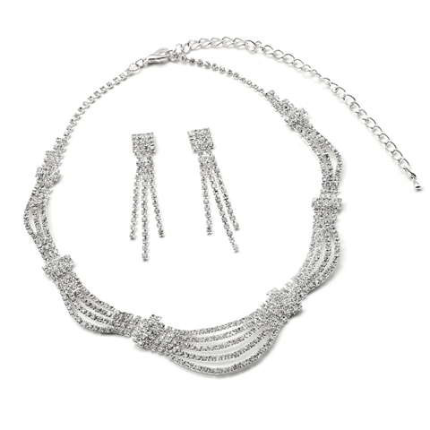 Silver Crystal 3 Strand Dangle Earrings & Multi Row Tied Strands Rhinestone Necklace Jewelry Set