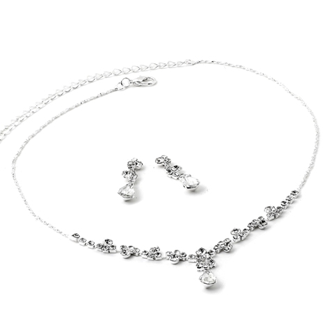 Silver Crystal Square, Round Necklace With Dangling Crystal & Matching Dangle Earrings Jewelry Set