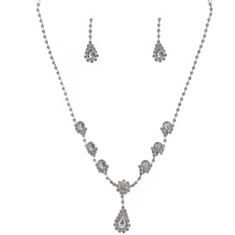 Wedding Jewelry Set Silver Crystal Rhinestone Accent Necklace Dangle Earrings Set