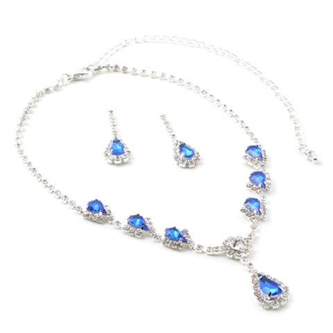 Silver Sapphire Teardrop Center, Sapphire Accents Necklace & Matching Dangle Earrings Jewelry Set