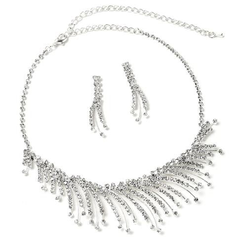 Silver Crystal 1 Strand Eyelash Necklace & 2 Strand Dangle Earrings Jewelry Set