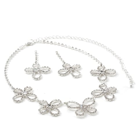 Silver Crystal Rhinestone 5-butterfly Necklace & Butterfly Dangle Earrings Jewelry Set