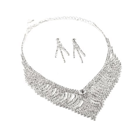 Silver Crystal 3 Strands Dangle Earrings & Bird Wing Tennis Net Necklace Jewelry Set